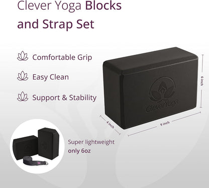 Blocks 2 Pack with Strap - Extra Light Weight Sweat Repelling Foam Yoga Block Set with Cotton 8Ft Yoga Stretch Strap - Yoga Block and Strap Set Kit for Beginner to Pro - Exercise Accessories for Stretching, Balance and Strength