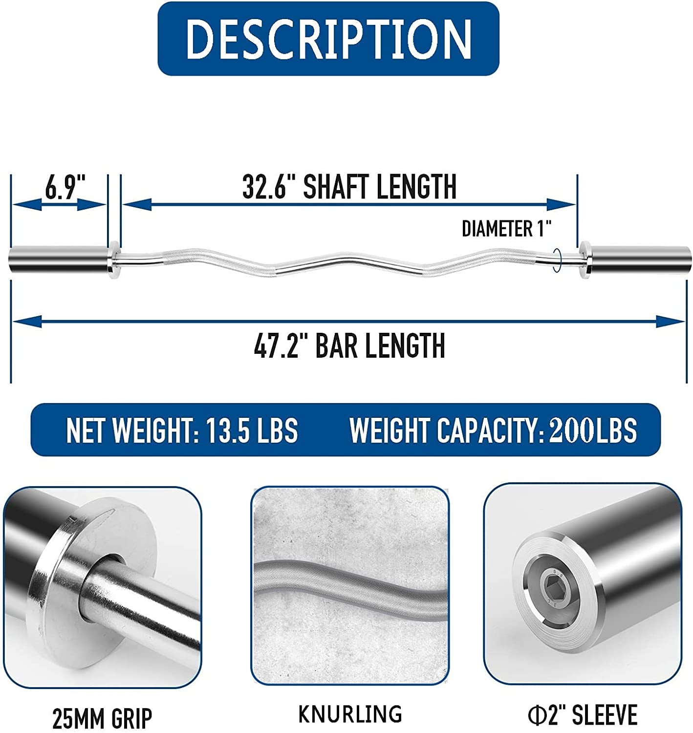 Olympic Super Curl Bar - 47 Inch Standard EZ Curl Weight Barbell for Home Gym Office, Workout Strength Training Weightlifting Bar, Suitable for 2 Inch Plates