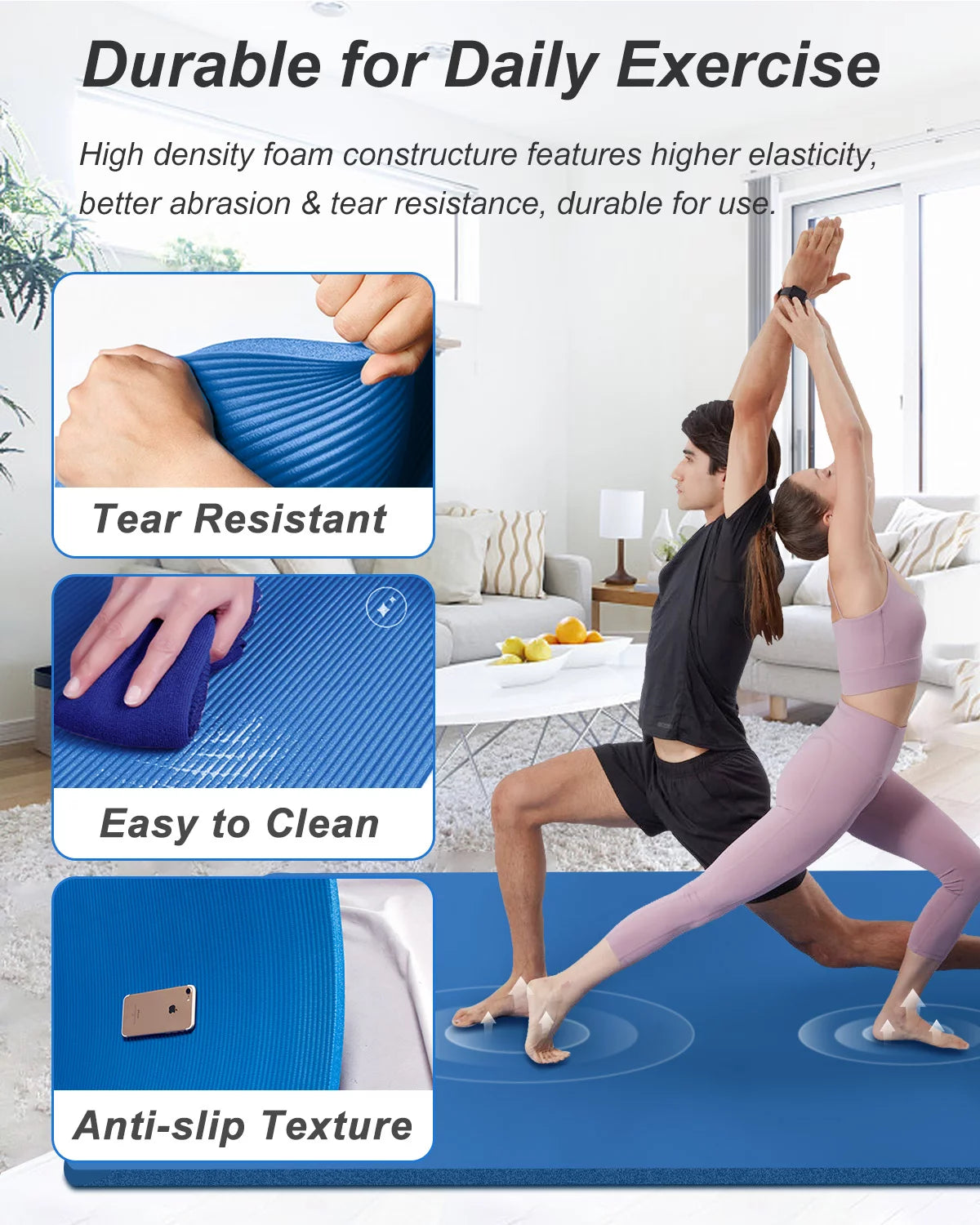 Large Yoga Mat 6'X4' 10 Mm Thick NBR Foam Stretching Pilates Workout for Home Gym Floor Blue
