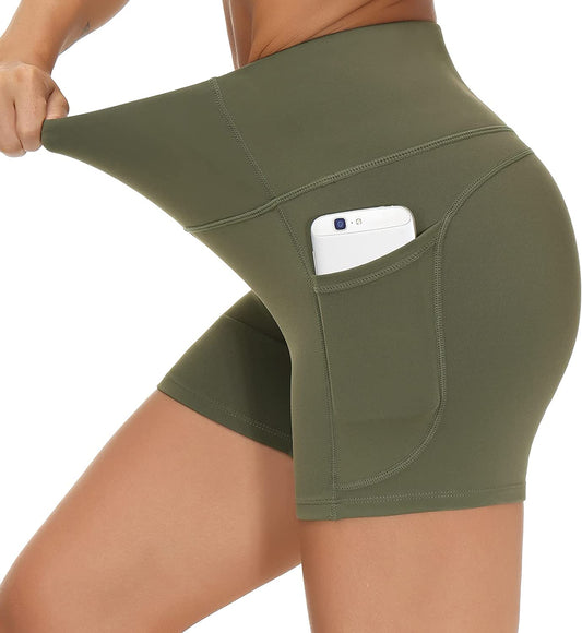High Waist Yoga Shorts for Women'S Tummy Control Fitness Athletic Workout Running Shorts with Deep Pockets
